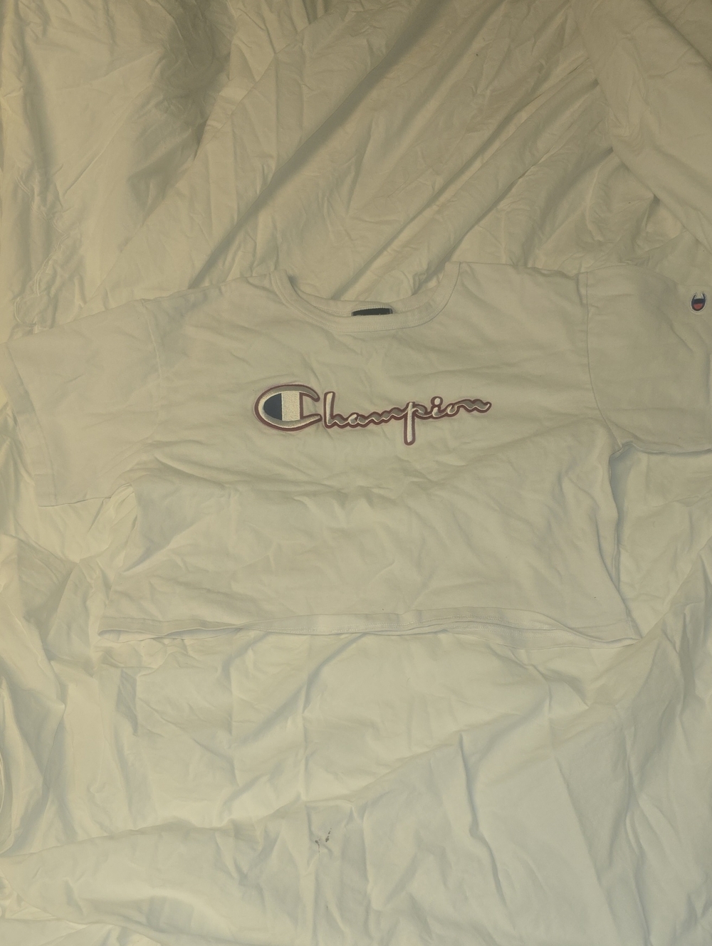 Champion White Cropped Tee with Maroon Script Logo